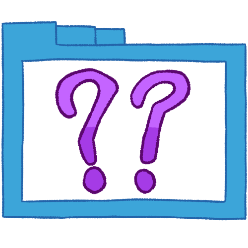 A hollow blue folder with thin lineart containing two purple question marks.